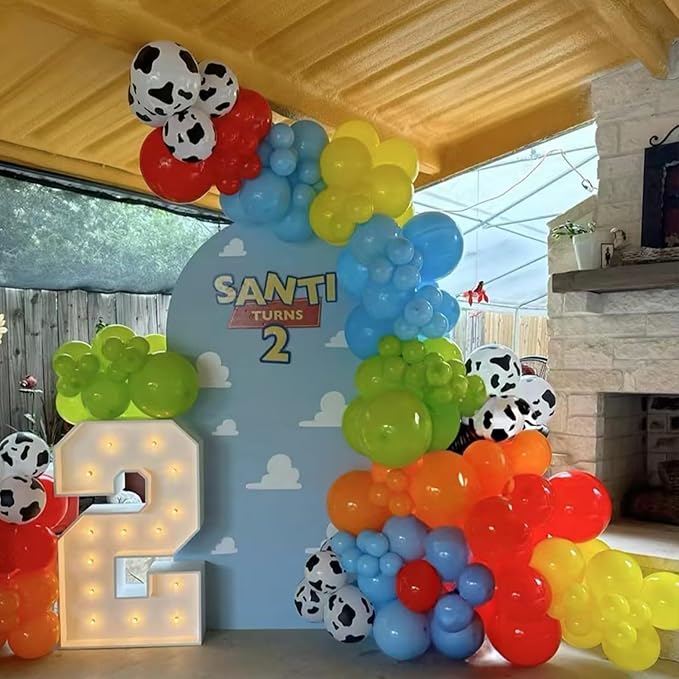 Toy Inspired Story Balloons, 12 Inch Cow Print Sky Blue Cloud Balloons Red Blue Yellow Green Balloons for Kids Boys Birthday Party Farm Themed Halloween Party Decorations