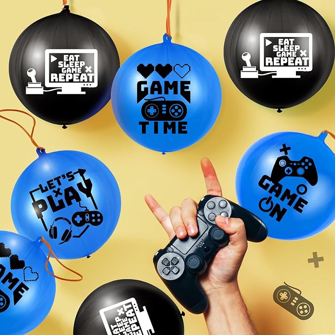32 Pcs Video Game Punch Balloons Pixelated Punch Ball Pixel Video Game Balloons Latex Balls Toys for Birthday Party Favors Supplies, Goodie Bag Filler(Blue, Black)