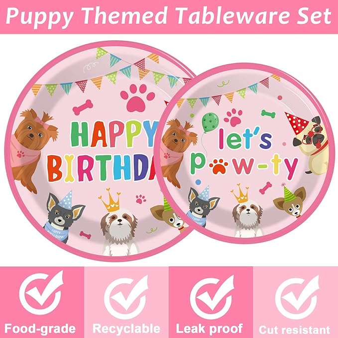 96 Pieces Dog Themed Birthday Party Decorations Puppy Party Tableware for Lets Pawty Party Dessert Plates Napkins Forks Birthday Favors 24 Guests