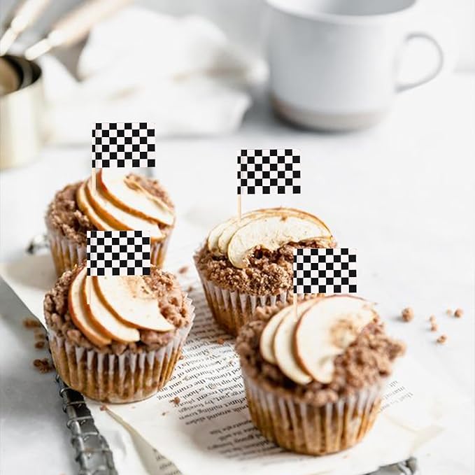 100 Pack Checkered Racing Flag Cupcake Toppers Flag Finish Line Cupcake Picks Flag Race Car Small Mini Cake Decorations Party Supplies Black and White