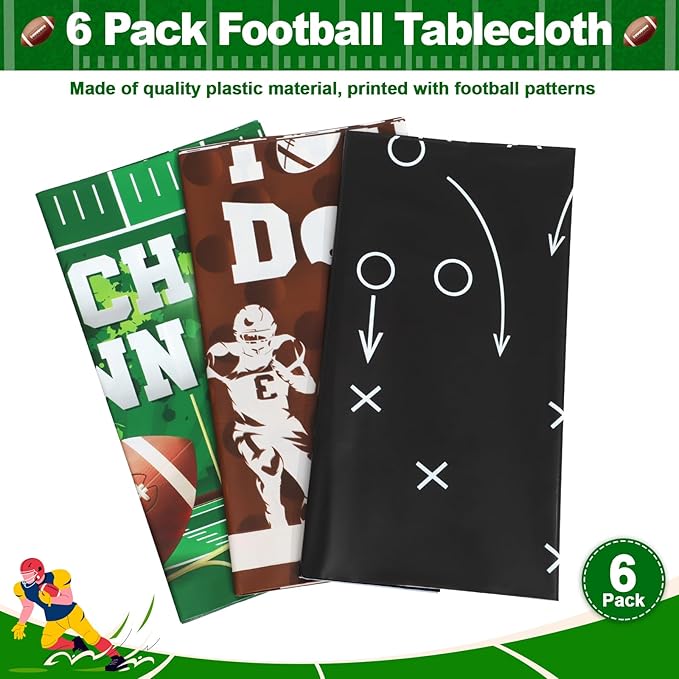6 Pack Plastic Football Tablecloth, Superbowl Party Decorations 54 x 108 Inch Superbowl Tablecloth for Rectangle Tables Disposable Touchdown Table Cover for Football Theme Party Games Decor
