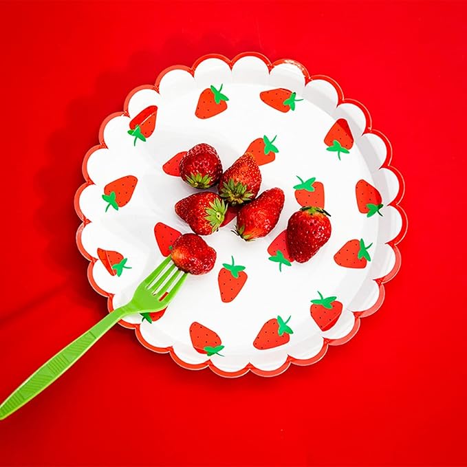 MaitianGuyou 40 Count Disposable Strawberry Birthday Decorations,Paper Plates Strawberry Decorations Party Supplies for Appetizer,Picnic,Baby Shower,Barbecue,Wine Party Supplies(Strawberry2#,7 inch)