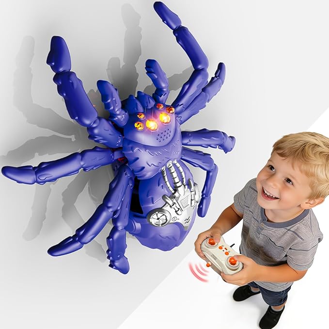 Wall Crawling Spider, Rechargeable Remote Control Robot Toy for Kids with LED Eyes and 360° Stunts, Wall Climbing Funny Prank Toys Birthday Gifts for Boys & Girls Ages 3-5 4-6 7-8 (Blue)
