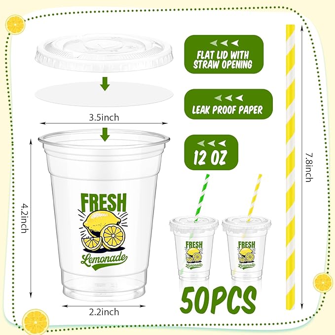 Domensi 50 Sets Lemon Disposable Plastic Cups 12 oz Lemonade Thick Clear Cups with Lids Straws Decoration for Iced Lemonade Juice Water Summer Party Favors Gift