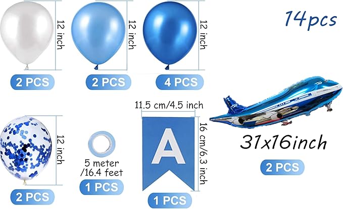 31inch Large Airplane Blue Party Decoration Airplane Balloon Birthday Party Supplies (14pcs Airplane set)