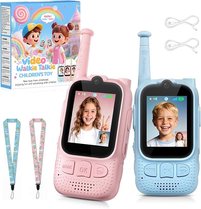 Kids Audio/Video Walkie Talkies, 2 Pack Rechargeable Walkie Talkies for Kids with 2’’ Screen & Camera & Voice Changer, Long Range Boys Girls Toys for Indoor Outdoor Camping Hiking Games (Pink/Blue)