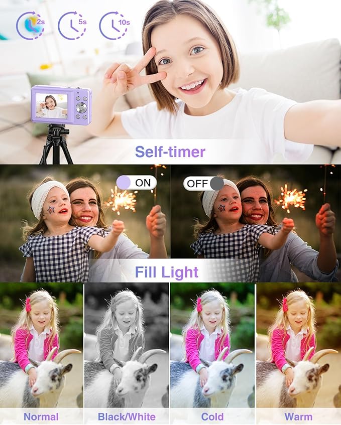 Digital Camera, Kids Camera FHD 1080P Point and Shoot Camera with 16X Zoom Anti Shake, Small Compact Camera for Teen Starter Children Kid Student Girl Boy(Purple)