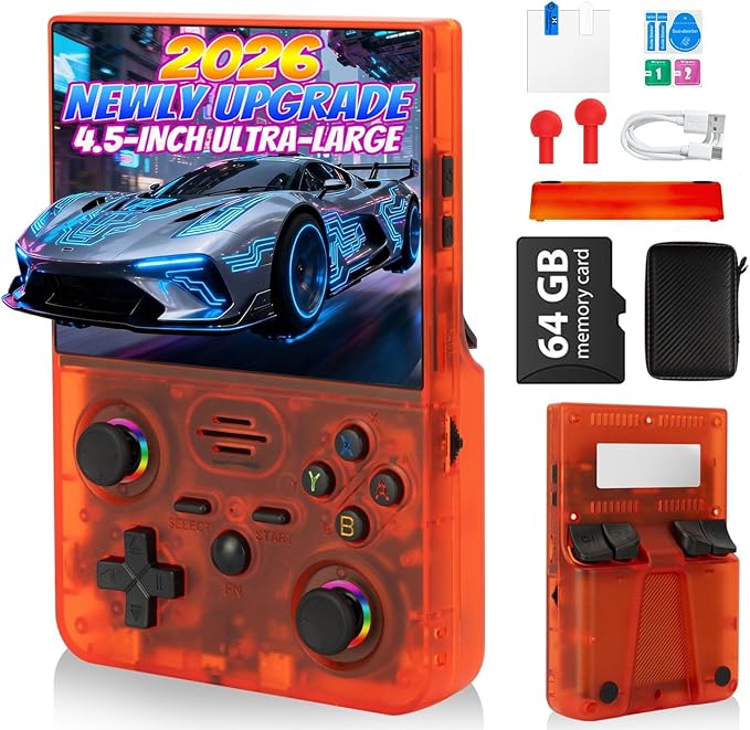 2026 NEW Upgrade RF45V Retro Handheld Game Console - 4.5 Inch Ultra-Large Screen,Support 18000+Classic Games,64G TF Card,4000mAh Battery,Linux System,Birthday Gift for Adult or Friends - Red