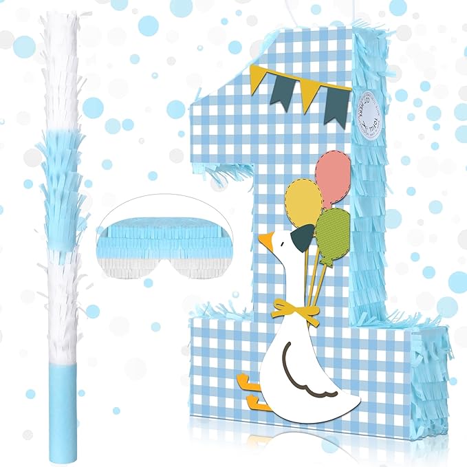 Set of 3 Goose 1st Birthday Piñata One Silly Goose Piñata 1st Birthday Party Game Set with Mask Stick Blindfold and Confetti Baby Shower Photo Props Game Supplies