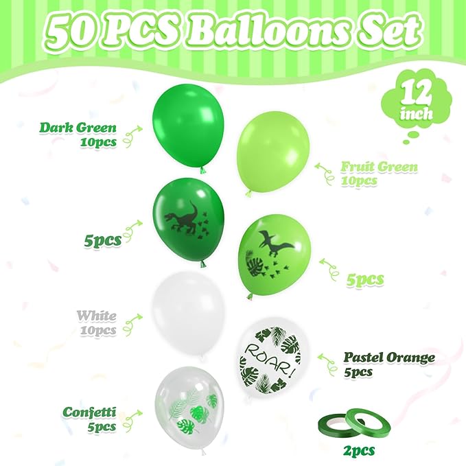 FunHot Dinosaur Balloons, 50 Pcs Dino Printed Balloon, 12 Inch Fruit Green White Latex Balloons, Leaf Printed Transparent Balloon for Boy Baby Shower Birthday Dino Themed Jungle Woodland Party Decor