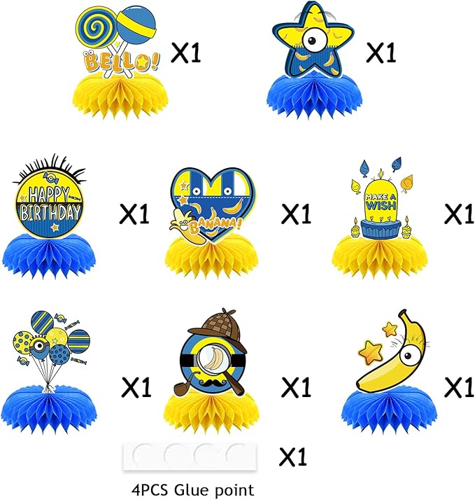8Pcs Yellow Cartoon Party Supplies Set Honeycomb Centerpieces Double Sided Table Topper for Birthday Decorations