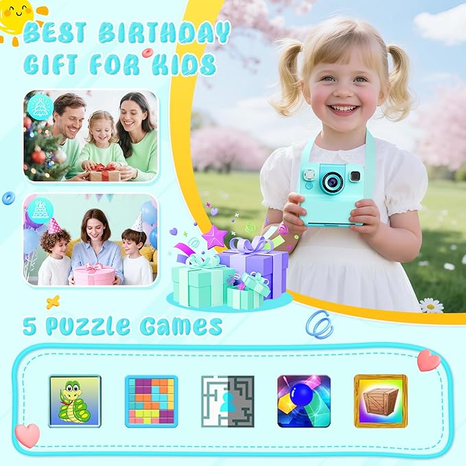 Kids Camera Instant Print :Flip-Up Camera Gift for Girls Ages 3-16 (for Christmas Or Birthday),1080P Hd Children Digital Video Instant Print Cameras with 3 Rolls Paper & 32Gb-Green