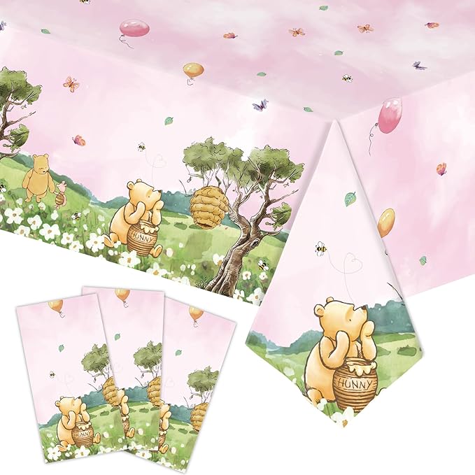 3pcs Party Tablecloth Bear Baby Shower Tablecloths Classic Bear Disposable Thickened Plastic Table Cover for Kids 1st 2rd Baby Party Supplies 54x108Inches (Pink)