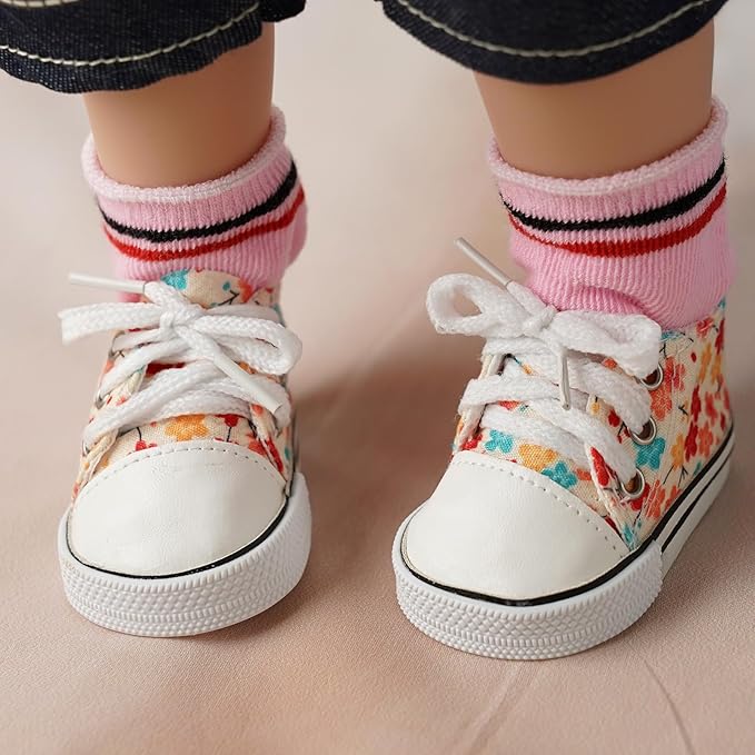 BABESIDE 18 Inch Baby Doll Shoes Sets with Socks for Dolls, 5 Pairs of Dolls Canvas Shoes with 3 Pair of Socks for 18 Inch Baby Doll Accessories, Floral Patterns