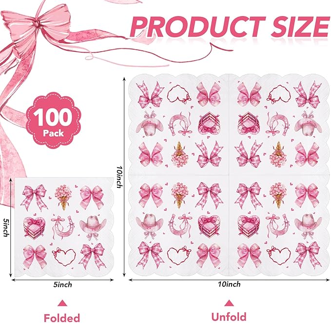 100 Pcs Bow Napkins, Scalloped Pink Bow Western Cowgirl Party Decorations Disposable Dessert Beverage Napkins for Bachelorette, Girls Birthday, Bridal Baby Shower