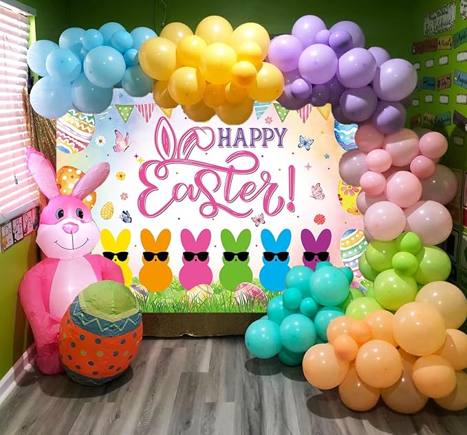 Happy Easter Peeps Banner Backdrop 8x6FT Spring Colorful Eggs Bunny Peeps Photography Background Kids Easter Party Decorations Supplies Photo Props