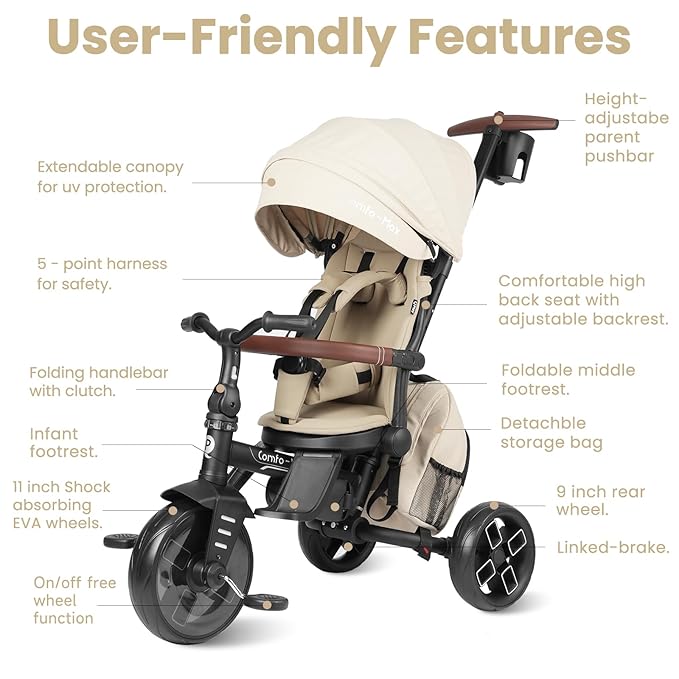 QPlay Toddler Bike Stroller for Baby 10 Months to 6 Years Old, 8-in-1 Foldable Stroller Bike for Toddlers 3-5 Boys & Girls Gifts Trike — Adjustable Handle, Triple Footrest, Canopy & Storage Bag