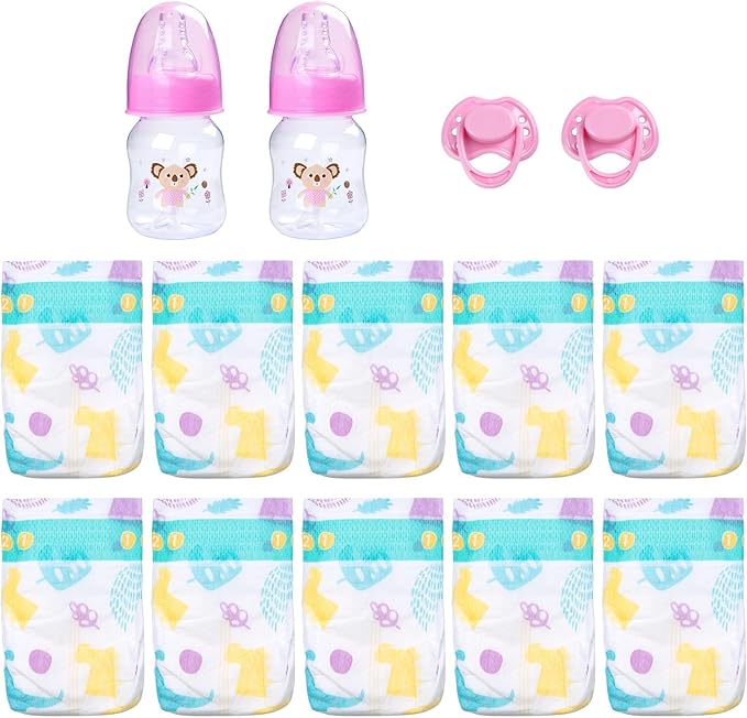 14 pcs Reborn Baby Doll Accessories with Feeding Set - Includes 10 Reborn Baby Doll Diaper , 2 Feeding Bottles and 2 Babydolls Pacifier Accessories