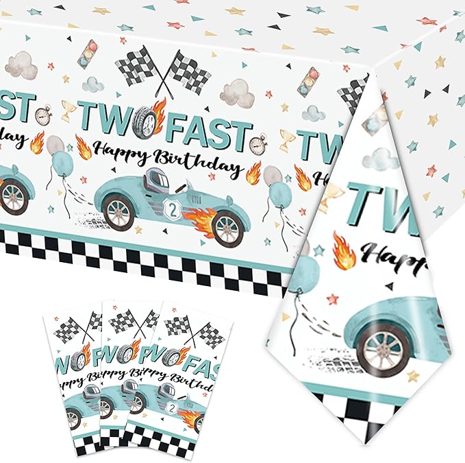 3PCS Two Fast Tablecloths for Kids Boys 2nd Birthday Party Decorations Two Fast Two Curious Racing Car Bday Table Cover Party Table Cloth -54x108in