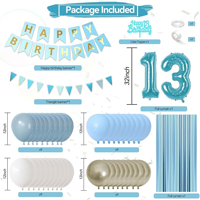 13th Birthday Decorations, Blue Happy Birthday Party Decorations With Teal Blue Number 13 Balloons Dusty Macaron Blue White Balloons Fringe Curtain Banner Cake Topper For Boy Girl Party Supplies