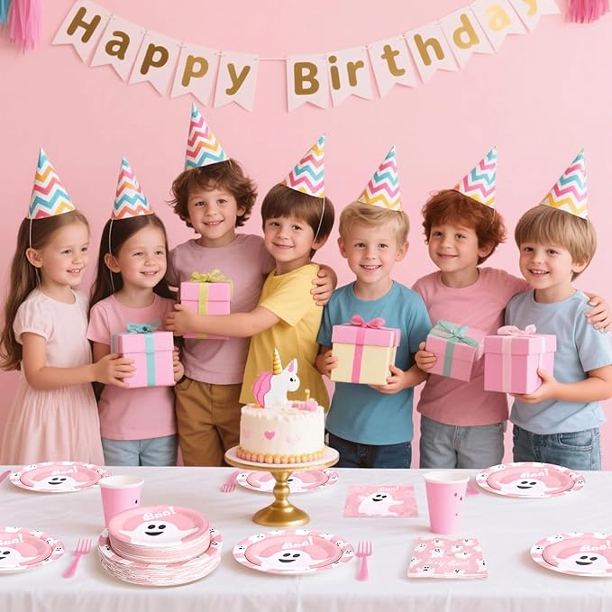 180Pcs Halloween Party Supplies Serve 60,Pink Ghost Paper Plates and Napkins Disposable Dinnerware Kit,for Trick or Treat Birthday Party Decorative