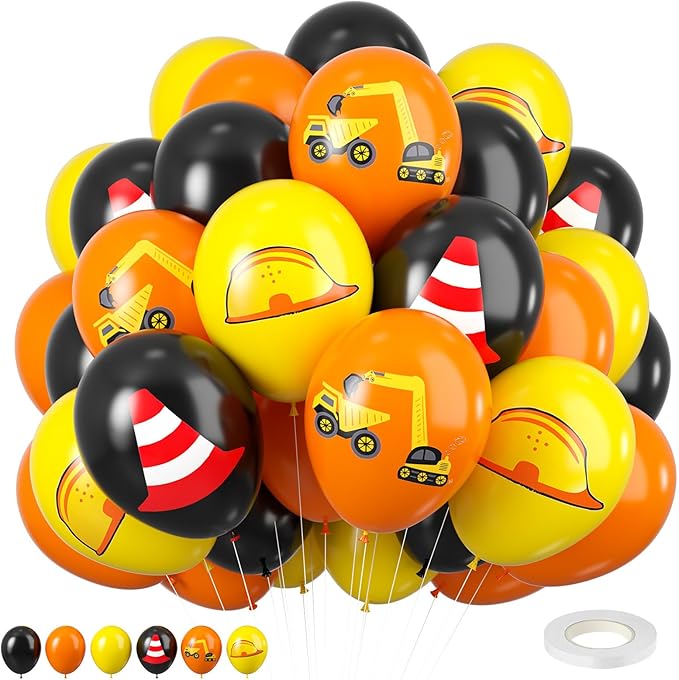 Construction Balloons, 12 inch Black Orange Yellow Balloons,Excavator Helmet Warning Printed Latex Balloons for Construction Party Birthday Truck Theme Baby Shower Boys Party Supplies