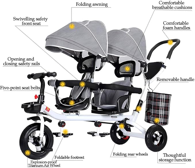 Kids Tricycle - 4 in 1 Double Seat Children'S Tricycle, Toddler Pushchair, Detachable Canopy, Folding Pedals, Reversible Seat, Removable Guardrail, Suitable for 1 to 6 Years Old Children,Blue