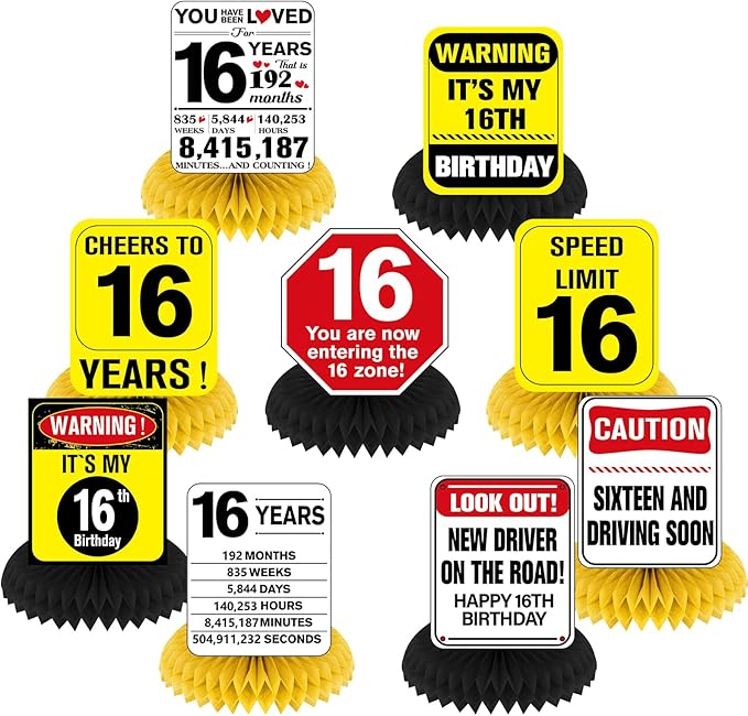 Funny 16th Birthday Decorations 9Pcs 16th Birthday Honeycomb Centerpieces for Sweet 16 Years Old Party Decor, Driver License Party Banner Caution Logos Sign Table Topper for Boys Girls