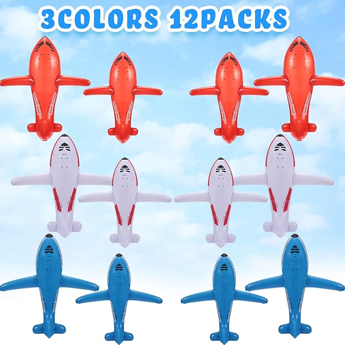 12 Pieces Inflatable Airplanes Party Decoration Red White Blue Aircraft Inflates Plane for Birthday Shower Party Supplies Pilot Adventure Themed Birthday Decor 24.5 and 15.75 Inch