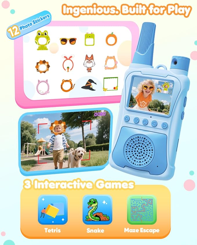 Video Walkie Talkies for Kids 2 Pack with 180° Camera & Games & HD Screen, Rechargeable Long Range Camera Walkie Talkies, Toddler Indoor Outdoor Toys Birthday Gifts for Girls Boys Age 3-12 Year Old