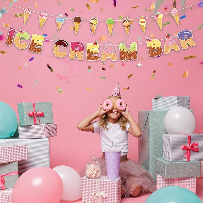 Ice Cream Bar Banner with Ice Cream Cone Garland, Summer Sweet Shop Themed Birthday Decorations, Colorful Garland Photo Prop for Kids Party, Dessert Table, and Theme Party Supplies
