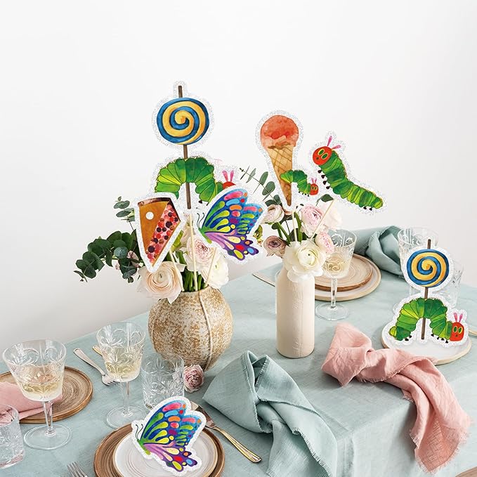 15PCS Hungry Caterpillar Party Decorations,Reading Story Theme Centerpieces Decorations Stick Table Toppers For Fairy Tales Birthday Party Baby Shower Party Supplies