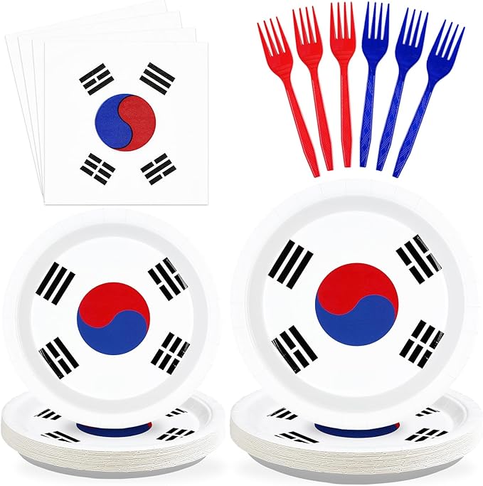 96 Pcs South Korea Flag Themed Party Supplies Disposable South Korean Paper Plates and Napkins Korean National Flag Tableware Set for Country Decoration Party Supplies, Serves 24