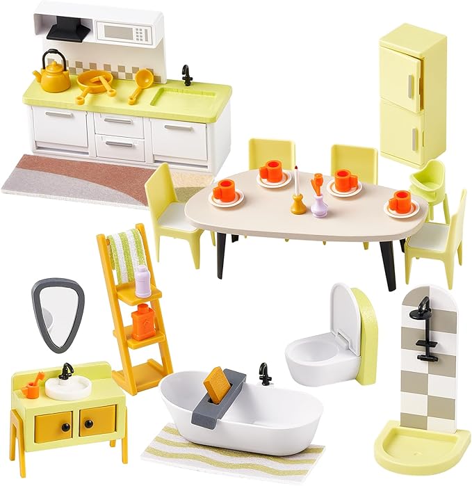 Giant bean 37pcs Green Wooden Plastic Dollhouse Furniture Kitchen and Bathroom Set, Modern Wood Dollhouse Accessories Pretend Play Furniture Christmas Toys for Boys Girls Toddlers & Kids 3+