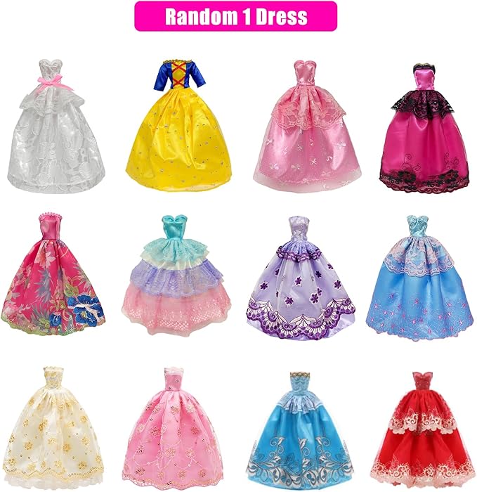 35 Pieces Doll Clothes and Accessories for 11.5 Inch Girl Dolls, Random 2 Wedding Dresses, 3 Fashionable Dresses, 3 Evening Dresses, 4 Tops, 4 Pants, 2 Swimwear, 5 Shoes, 10 Hangers, Necklace, Veil