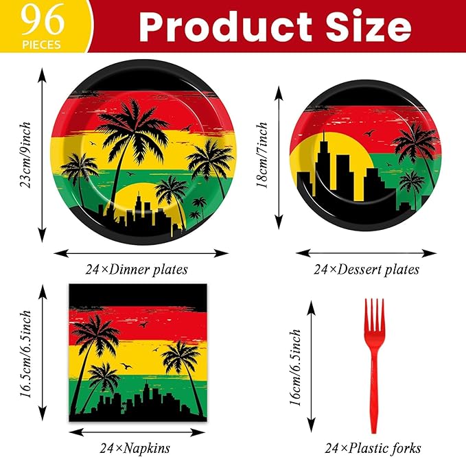 gisgfim 96Pcs Jamaican Rastafari Party Supplies Jamaican Music Birthday Party Plates and Napkin Palm Tree Grafitti Tableware Dinnerware Set Decorations Favors for Hawaiian Serves 24