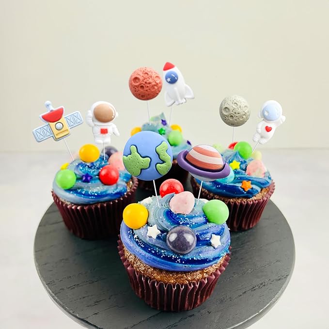 Ephlyn 24Pcs Outer Space Cupcake Toppers Planet Rocket Spaceship Trip to the Moon Star Cupcake Picks Solar System Galaxy Universe Planets Birthday Cupcake Decorations Party Supplies