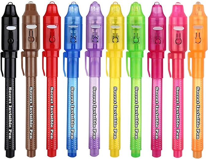 SCStyle Invisible Ink Pen 10Pcs with UV Light Magic Marker for Secret Messages, Writing Information for Birthdays, Easter, Halloween, Christmas Gifts for Students