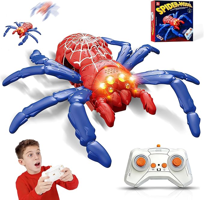 Wall Climbing Spider Remote Control Toy, Rechargeable RC Creepy Crawler with Glowing Eyes for Walls & Ceilings, Prank Halloween Birthday Gift for Kids Boys Girls Ages 3+ (Red)