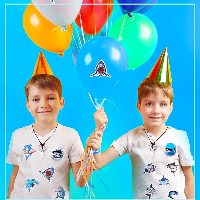 Jerify 110 Pcs Shark Party Favors Keychains Tooth Necklaces, Silicone Bracelet Wristbands Button Pins Gift Bags and Stickers for Birthday Shark Party Supplies Ocean Sea