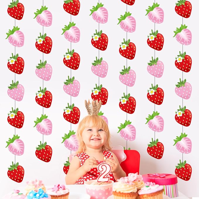 Duraaamo 8 Pack Strawberry Party Banner Decoration Summer Paper Garland Strawberry Paper Hanging Cutout Banners for Baby Shower Party Supplies Decor