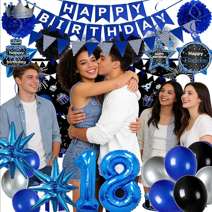 Blue Black 18th Birthday Decorations for Boys, 18 Birthday Banner & Balloons Set with Backdrop, Large 18 Foil Balloon, Hanging Swirls – Complete 18 Year Old Party Supplies.