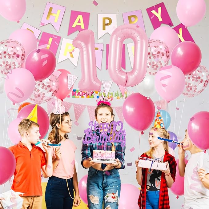 10th Birthday Decorations Pink, Happy 10th Birthday Party Decorations With Number 10 Balloons Pink Confetti Hot Pink Balloons Fringe Curtain Banner Cake Topper For Girl 10th Party Supplies