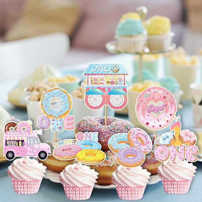 24 PCS Donut Sweet One Birthday Party Decorations, Donut Party Cupcake Topper Decorations for Girls 1st Birthday Party Baby Shower Supplies