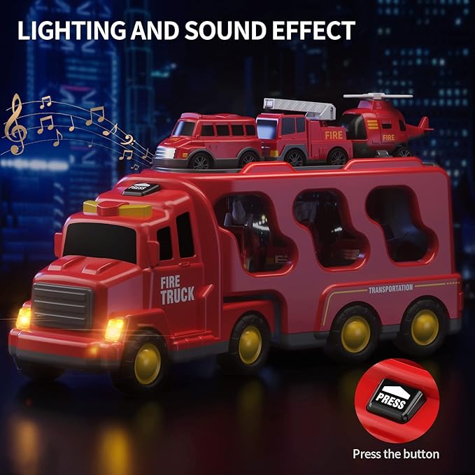 Fire Truck Toys for Toddler 1-3 3-5, Transport Car with Light Sound, 7-in-1 Fire Car Carrier Vehicle Set for Girls 1 2 3 4 5 6 Years Old, Birthdays Gifts for Kids Girls Aged 3-9
