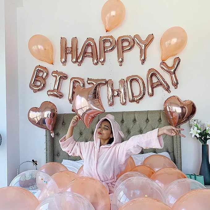 27 Pcs Rose Gold Birthday Decorations, 3D Foil Rose Gold Happy Birthday Balloon Banner, Pentagram Heart Foil Balloons Confetti Balloons Kit For Boys Girls Birthday Party Supplies