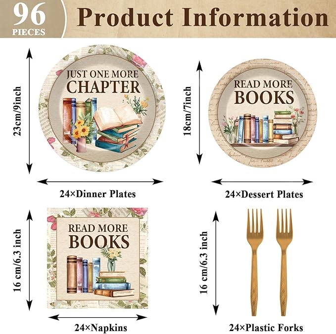 96Pcs Reading Theme Party Supplies Read More Books Paper Plates and Napkins Book Themed Birthday Decorations Vintage Reading Disposable Tableware Set for Birthday Picnic BBQ Baby Shower Serves 24