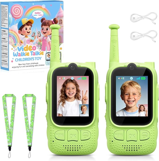 Kids Audio/Video Walkie Talkies, 2 Pack Rechargeable Walkie Talkies for Kids with 2’’ Screen & Camera & Voice Changer, Long Range Boys Girls Toys for Indoor Outdoor Camping Hiking Games (Green/Green)