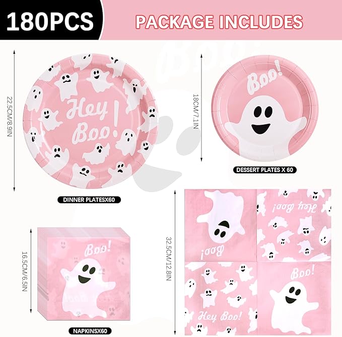 180Pcs Halloween Party Supplies Serve 60,Pink Ghost Paper Plates and Napkins Disposable Dinnerware Kit,for Trick or Treat Birthday Party Decorative