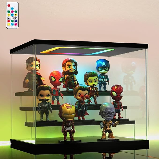 Clear Acrylic Display Case with Light , 4 Tier Multiple Color Lights Display Box Stand Assembly Dustproof Protection Showcase for Collectibles Action Figures (Black 12.6×9.6×10.6in)